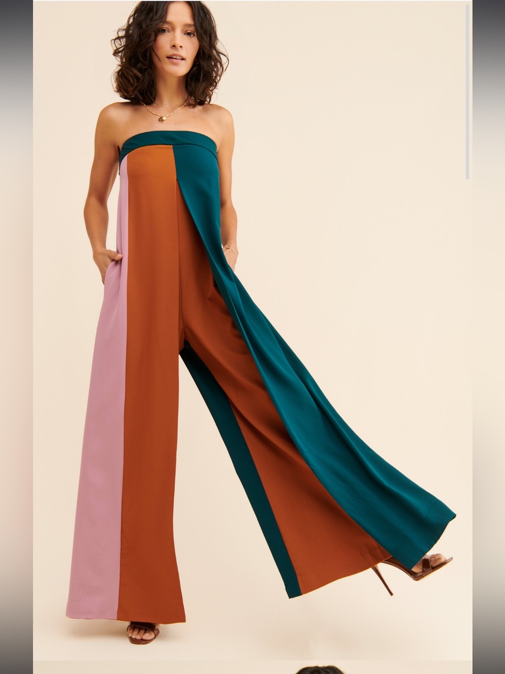 HUTCH Anthropologie Color Block Strapless Jumpsuit Pockets 70s Vibes Wide Leg